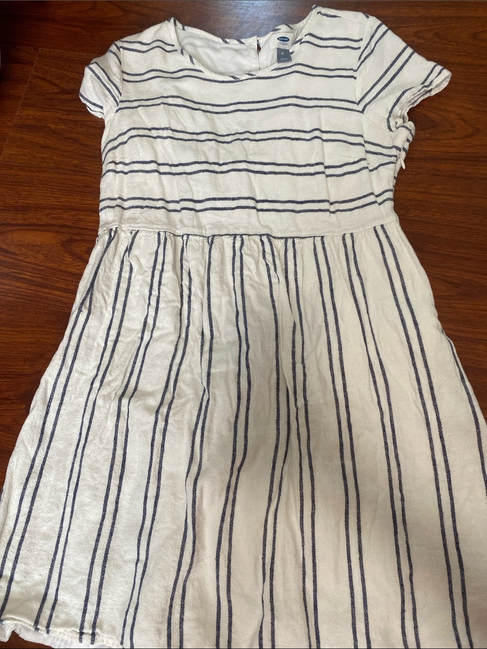 Old Navy Women Cream Dress with Navy Stripes - Short Sleeve Casual